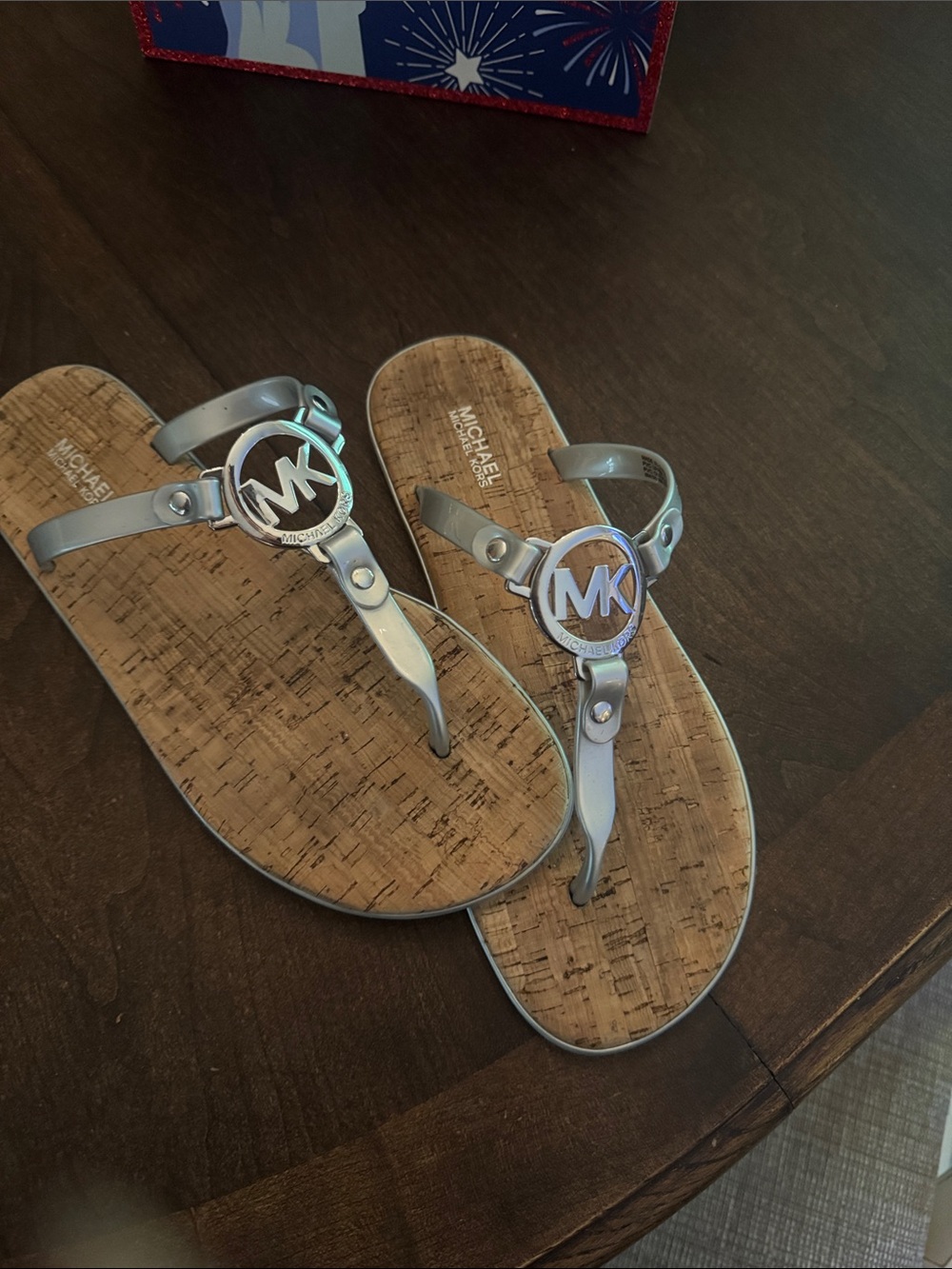 Michael Kors Silver Logo Thong Sandals with Cork-Effect Footbed